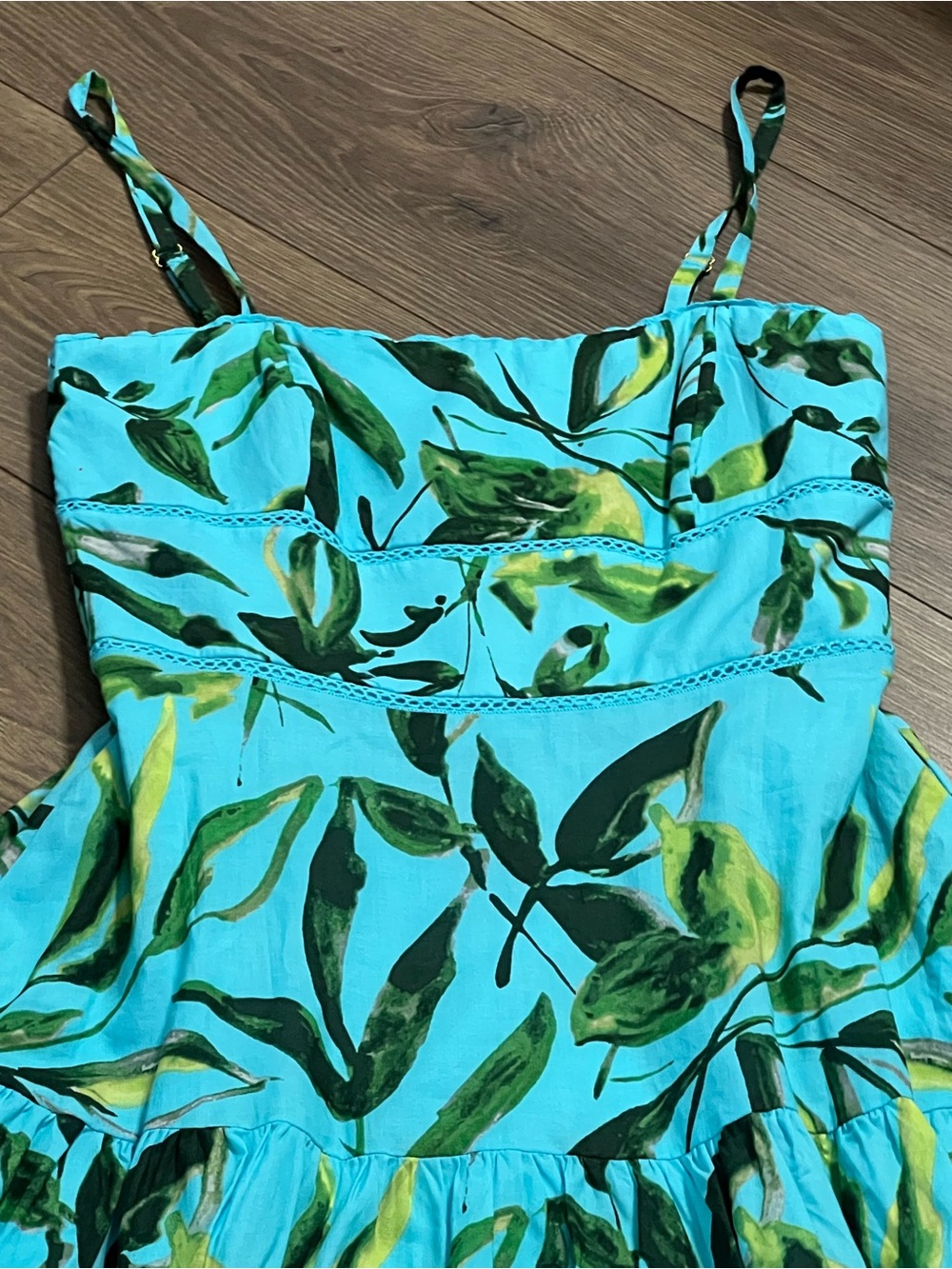 Taylor Aqua Tropical Leaf Smocked Tiered Sundress NWT Size 2 XS - Picture 3 of 8
